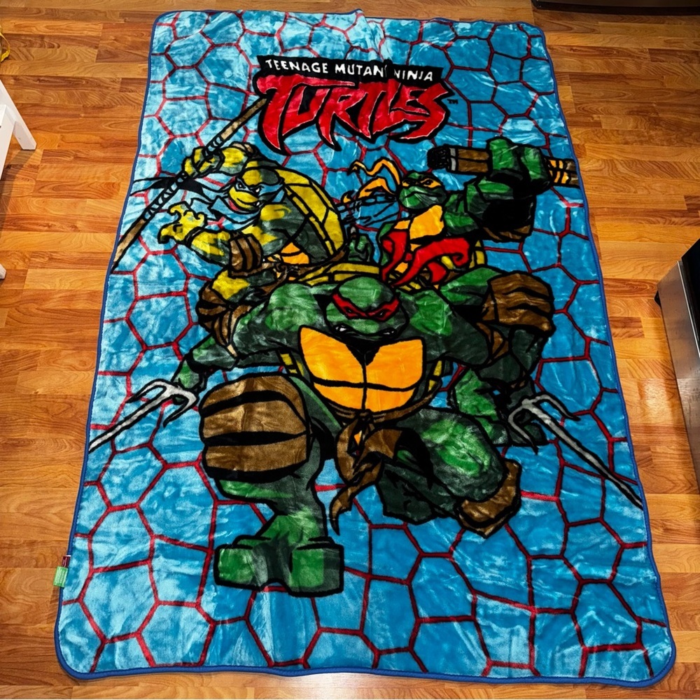 Rare TMNT Blanket Soft All Over Print Double Sided 85” x 56” Large 3 Turtles!